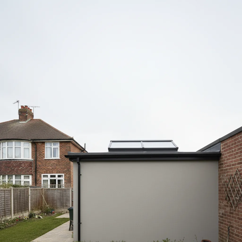 A south-facing rear extension in Southend-on-Sea with two large flat-roof rooflights, the Thames Estuary visible beyond the rooftops